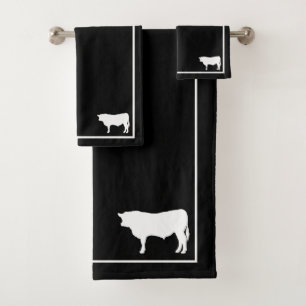 Black & White Bull Silhouette Modern Farmhouse Bath Towel Set