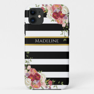 Black White Burgundy Floral Gold Striped iPhone 11 Case