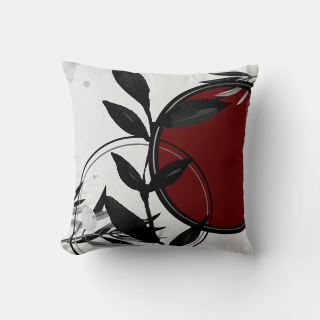 Black White & Burgundy Red Watercolor Leaves Throw Pillow (Front)