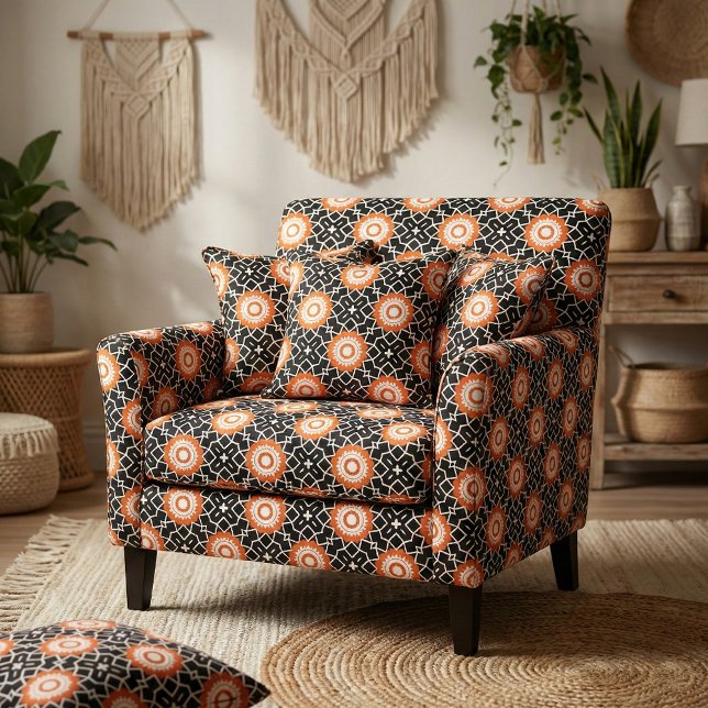 Black White Burnt Orange Moroccan Mosaic Geometric Fabric (Creator Uploaded)