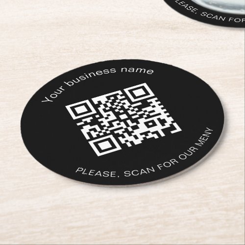 Black white business bar restaurant menu qr code round paper coaster