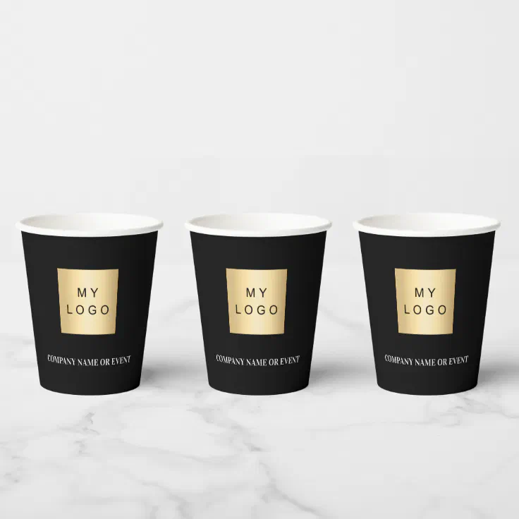 Black white business corporate logo qr code paper cups | Zazzle