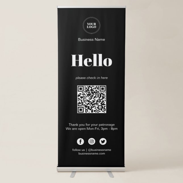  Black & White Business Covid QR Code Check-In  Retractable Banner (Front)