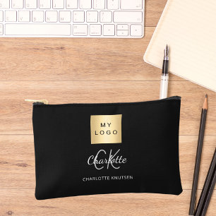Black white business logo name monogram accessory pouch