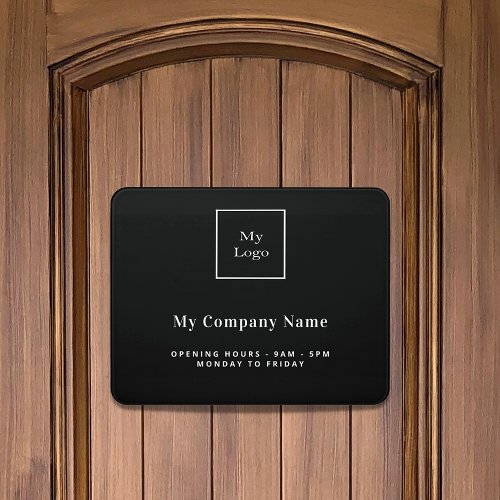 Black white business logo name opening hours door sign