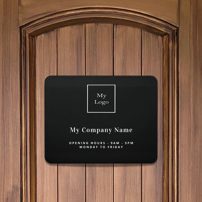 Black white business logo name opening hours door sign (Creator Uploaded)