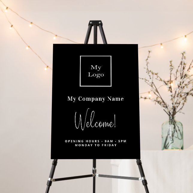 Black white business logo name opening hours foam board (In Situ (Stand))