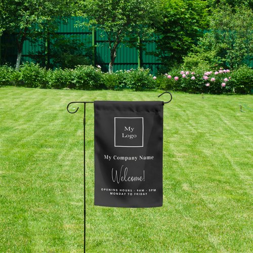 Black white business logo name opening hours garden flag