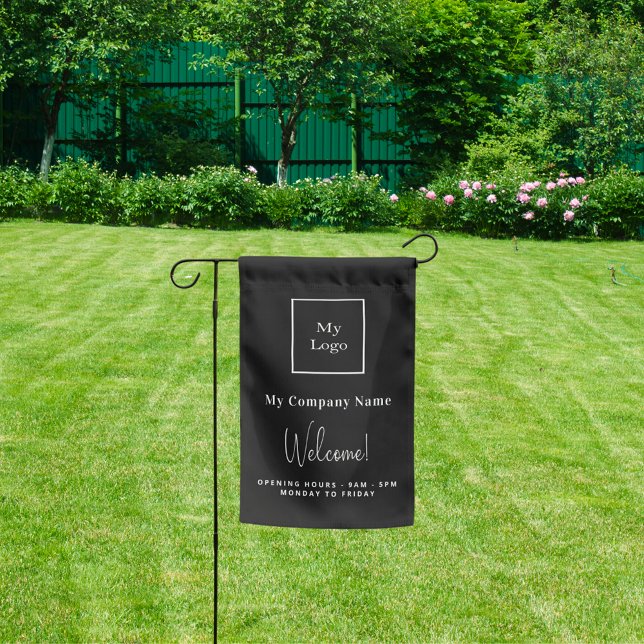 Black white business logo name opening hours garden flag (Creator Uploaded)