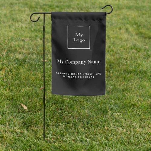 Black white business logo name opening hours garden flag