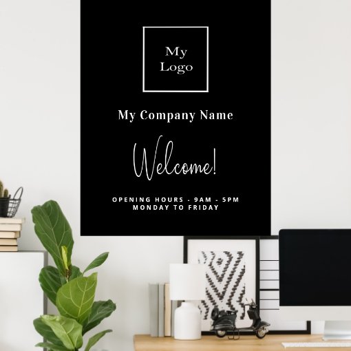 Black white business logo name opening hours poster Zazzle