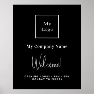 Black white business logo name opening hours poster