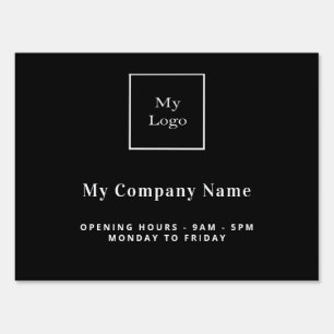 Black white business logo name opening hours sign