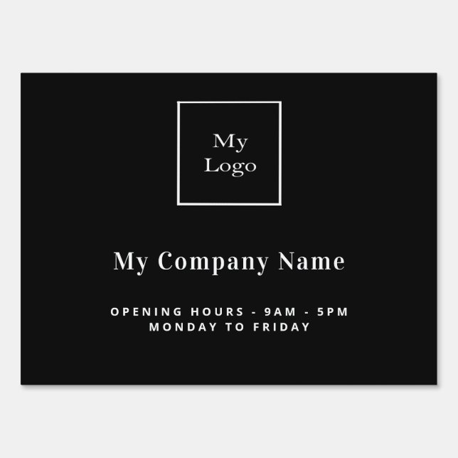 Black white business logo name opening hours sign (Front)