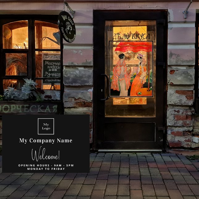 Black white business logo name opening hours sign (Creator Uploaded)