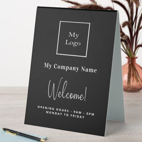 Black white business logo name opening hours table tent sign