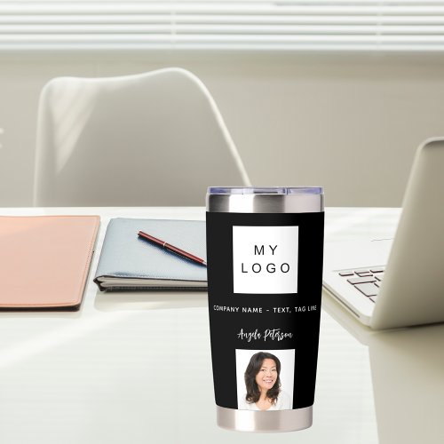 Black white business logo name signature photo insulated tumbler