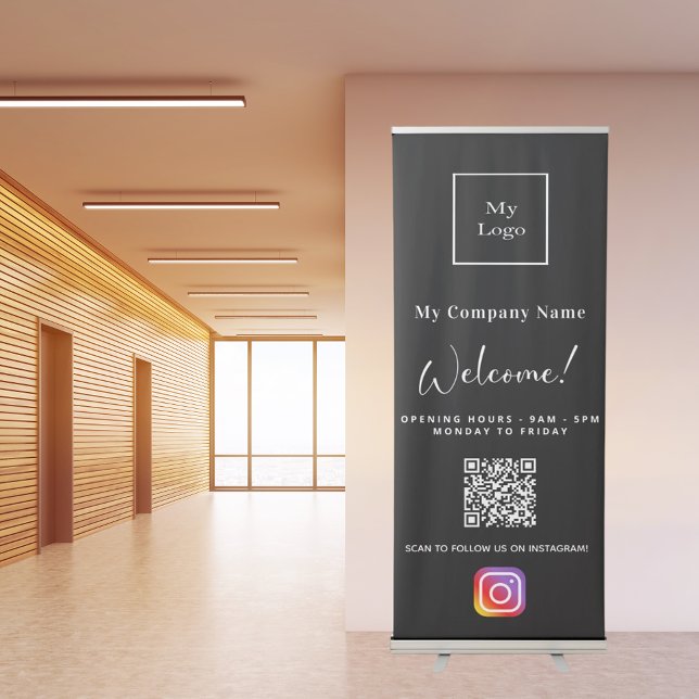 Black white business logo opening hours QR Insta Retractable Banner (Creator Uploaded)