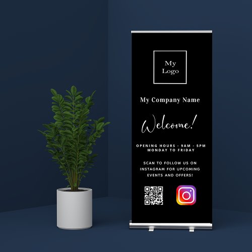 Black white business logo opening hours QR Insta Retractable Banner