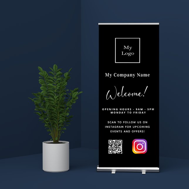 Black white business logo opening hours QR Insta Retractable Banner (Creator Uploaded)