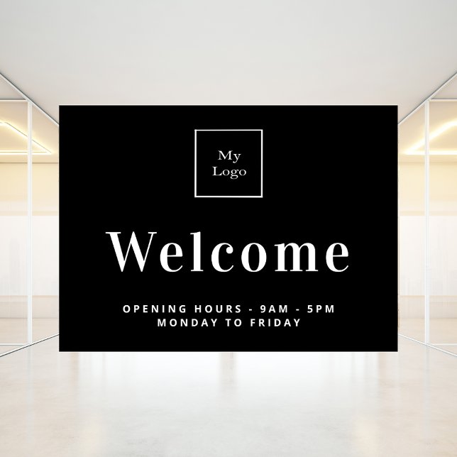 Black white business logo opening hours welcome window cling (Creator Uploaded)