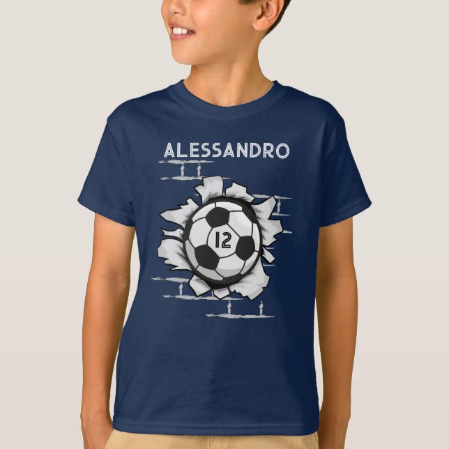 Black White Busting out Soccer ball Action game T-Shirt (Front)