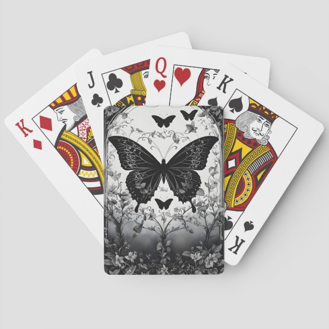 Black & White Butterflies Floral Goth Poker Cards (Back)