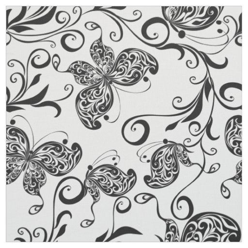 Black & White Butterflies & Flowers Pattern Fabric