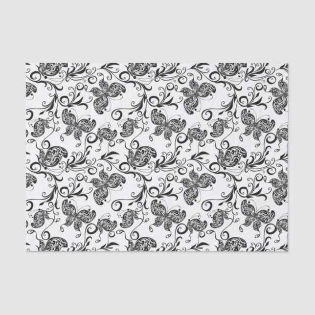 Black & White Butterflies & Flowers Pattern Tissue Paper (Front)