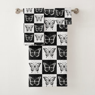 Black White Butterfly Checkered Block Print Bath Towel Set