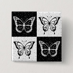Black White Butterfly Checkered Block Print Button