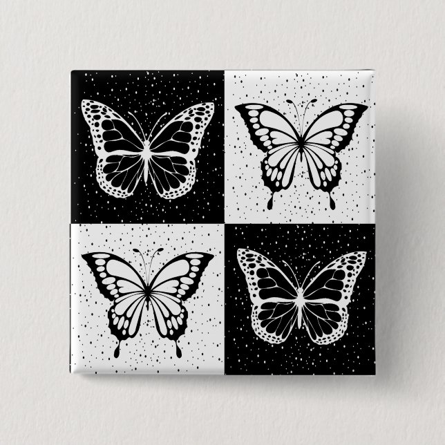 Black White Butterfly Checkered Block Print Button (Front)