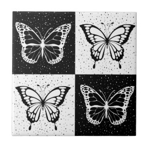 Black White Butterfly Checkered Block Print Ceramic Tile