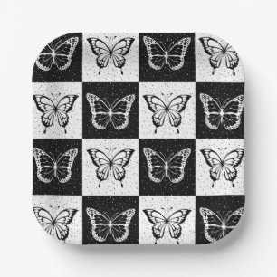 Black White Butterfly Checkered Block Print Paper Plates