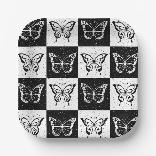 Black White Butterfly Checkered Block Print Paper Plates (Front)
