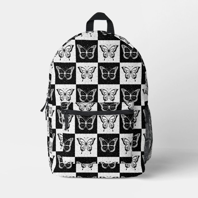 Black White Butterfly Checkered Block Print Printed Backpack (Front)