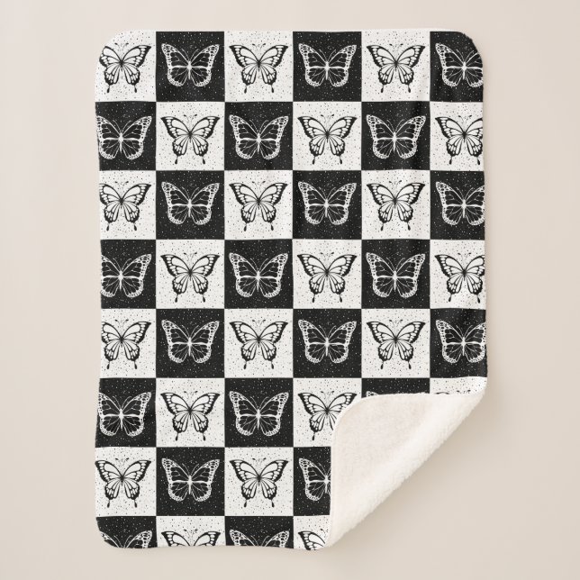 Black White Butterfly Checkered Block Print Sherpa Blanket (Front)
