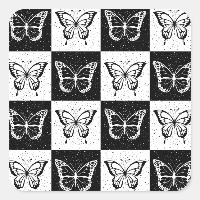 Black White Butterfly Checkered Block Print Square Sticker (Front)