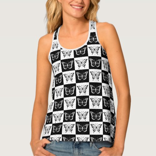 Black White Butterfly Checkered Block Print Tank Top