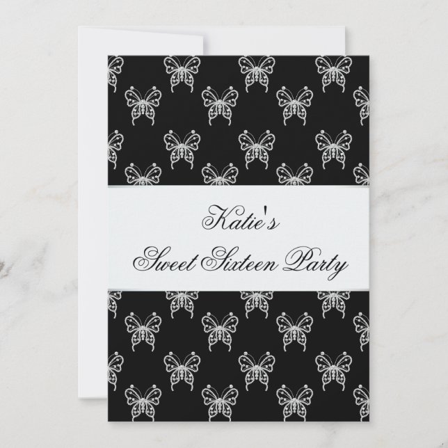 Black White Butterfly Classy Sweet Sixteen Party Invitation (Front)