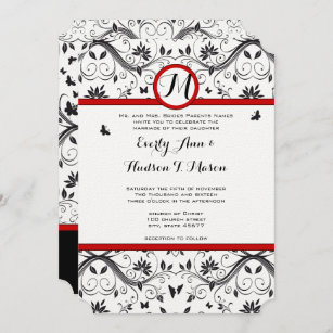 Black & White Butterfly Damask Red Trim Wedding Invitation