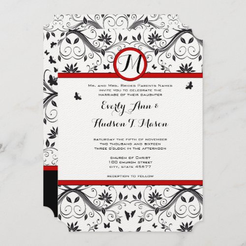 Black  White Butterfly Damask Red Trim Wedding Invitation