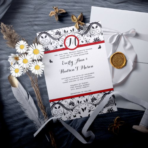 Black  White Butterfly Damask Red Trim Wedding Invitation