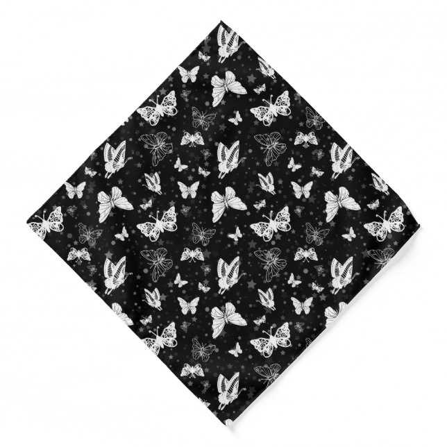 Black White Butterfly Illustration Pattern Design Bandana (Front)