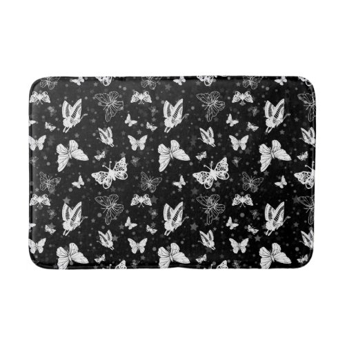 Black White Butterfly Illustration Pattern Design Bath Mat