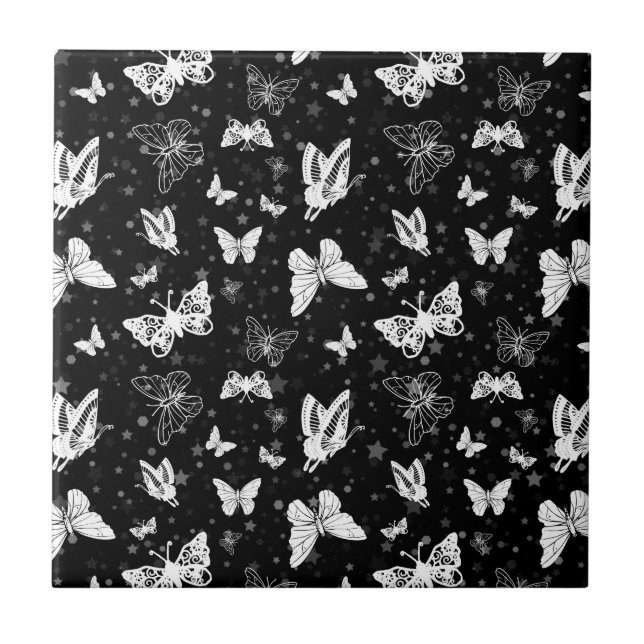 Black White Butterfly Illustration Pattern Design Ceramic Tile (Front)