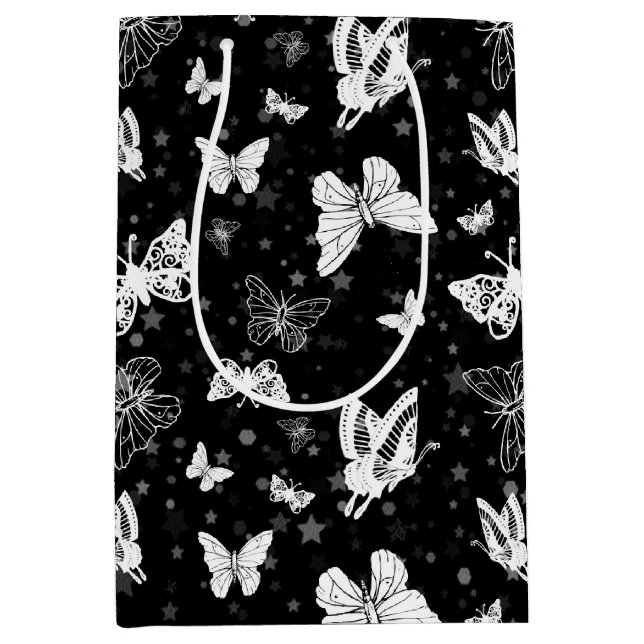 Black White Butterfly Illustration Pattern Design Medium Gift Bag (Front)