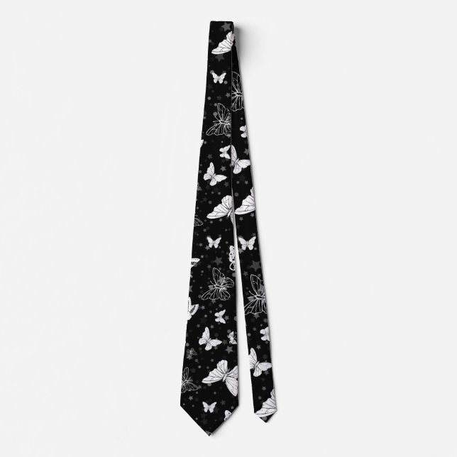 Black White Butterfly Illustration Pattern Design Neck Tie (Front)