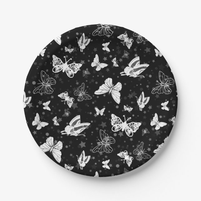 Black White Butterfly Illustration Pattern Design Paper Plates (Front)