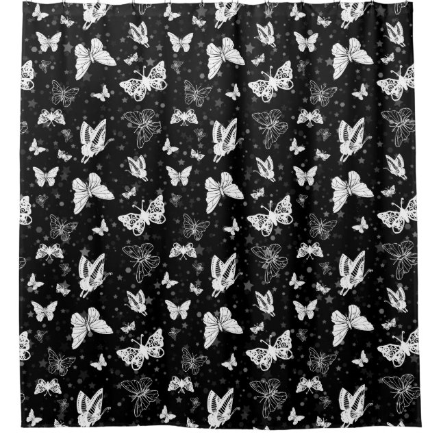 Black White Butterfly Illustration Pattern Design Shower Curtain (Front)
